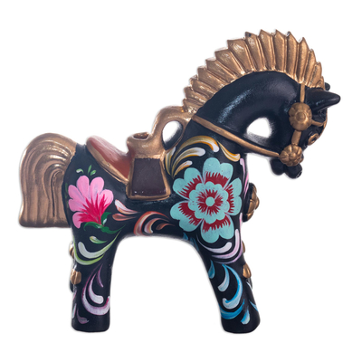 Keramik-Figur, 'schwarzes Pucara-Pferd' - Volkskunst-Pferdfigur