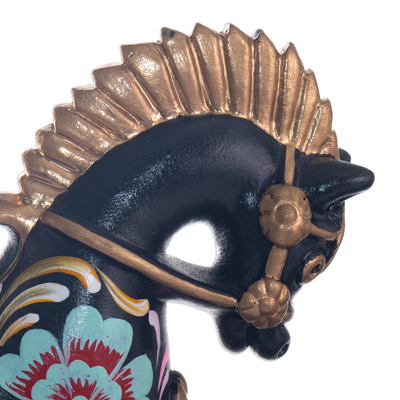 Keramik-Figur, 'schwarzes Pucara-Pferd' - Volkskunst-Pferdfigur