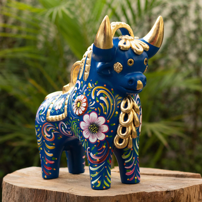 Ceramic sculpture, 'Big Pucará Bull in Blue' - Handmade Ceramic Bull Sculpture