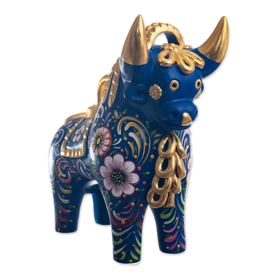 Ceramic sculpture, 'Big Pucará Bull in Blue' - Handmade Ceramic Bull Sculpture