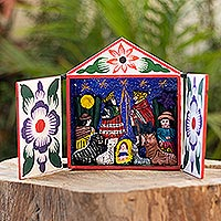 Wood and ceramic nativity retablo, 'Night in Bethlehem' - Nativity-Themed Retablo