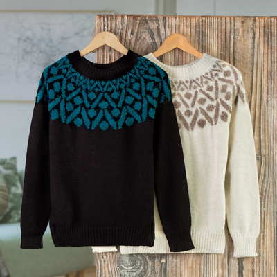 Alpaca crew-neck sweater, 'Modern Geometry' - Knit 100% Alpaca Sweater