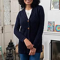 Alpaca blend cardigan, 'Textures in Blue' - Navy Blue Alpaca Blend Button Down Cardigan Sweater