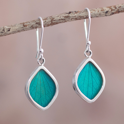 Sterling silver and natural leaf dangle earrings, 'Nature's Gem in Aqua' - Aqua Hydrangea Leaf Earrings