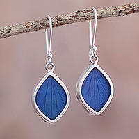 Sterling silver and natural leaf dangle earrings, 'Nature's Gem in Blue'