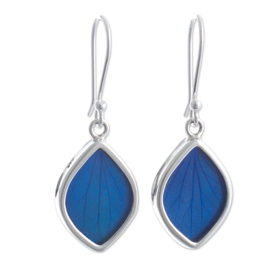 Sterling silver and natural leaf dangle earrings, 'Nature's Gem in Blue' - Blue Hydrangea Leaf Earrings
