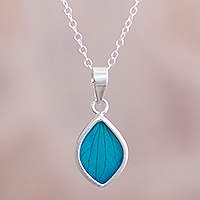 Sterling silver and natural leaf pendant necklace, 'Nature's Gem in Aqua' - Artisan Crafted Natural Leaf Necklace