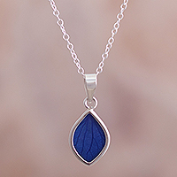 Sterling silver and natural leaf pendant necklace, 'Nature's Gem in Blue'
