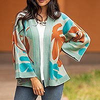 Cotton blend cardigan, 'Tropical Trend' - Multicolored Jacquard Knit Cardigan