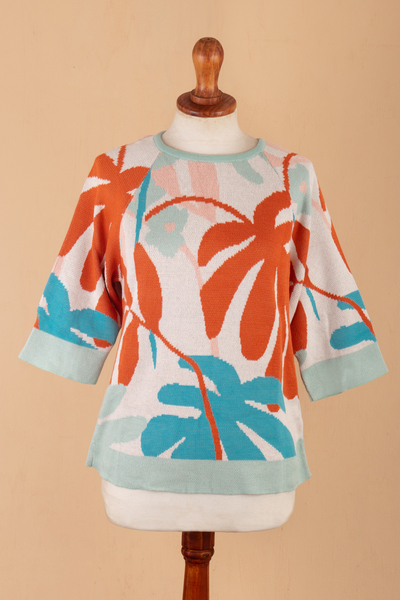 Cotton blend pullover, 'Tropical Trend' - Jacquard Knit Sweater from Peru