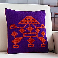 Reversible wool-blend cushion cover, 'Cajamarca Pyramid' (16 inch) - Purple and Orange Cushion Cover (16 Inch)