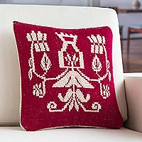 Reversible wool-blend cushion cover, 'Cajamarca Nature' (16 inch) - Hand-Loomed Cerise and Off-White Cushion Cover (16 Inch)