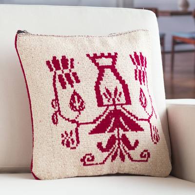 Reversible wool-blend cushion cover, 'Cajamarca Nature' (16 inch) - Hand-Loomed Cerise and Off-White Cushion Cover (16 Inch)
