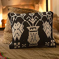 Reversible wool-blend cushion cover, 'Cajamarca Courtyard' - Black and Off-White Cushion Cover