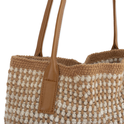 Alpaca-blend tote bag, 'Toasty Tan' - Hand Woven Tan and White Tote Bag