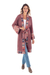 Abrigo 100% alpaca - Abrigo estilo kimono rosa polvoriento estilo japonés con ribete de motivo Nazca