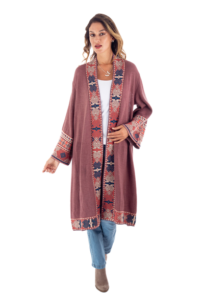 Abrigo 100% alpaca - Abrigo estilo kimono rosa polvoriento estilo japonés con ribete de motivo Nazca