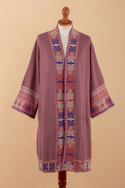 100% alpaca coat, 'Nazca Kimono' - Japanese Style Dusty Rose Kimono Coat with Nazca Motif Trim