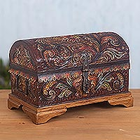 Tooled leather decorative chest, 'Royal Birds' - Artisan Crafted Tooled Leather Chest
