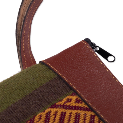 Leather-accented wool wristlet, 'Traditional Diamonds' - Handloomed Wool Wristlet with Leather Trim