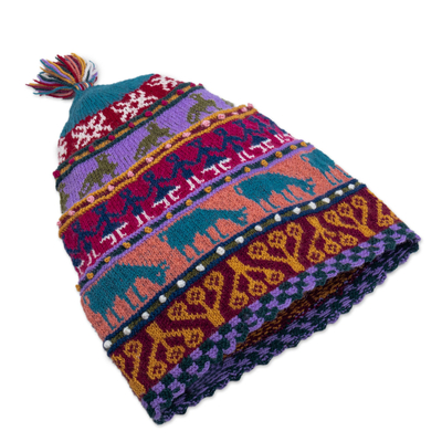 Knit wool hat, 'Qanchi Dance' - Multicolored Hand Knit Wool Hat