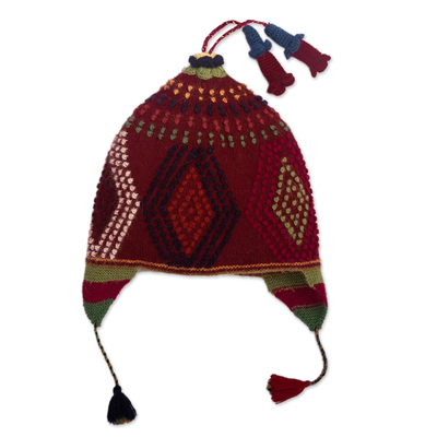 100% baby alpaca knit hat, 'Cantuta Flower' - 100% Baby Alpaca Peruvian Cap With Ear Flaps and Tassels