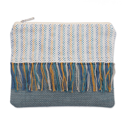 Hand Woven Fringed Clutch Bag in Blues from Peru