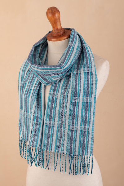 100% baby alpaca scarf, 'Aqua Lines' - Blue Striped Baby Alpaca Scarf
