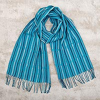 bufanda 100% baby alpaca, 'Cerulean Stripes' - Bufanda de rayas azules tejida a mano