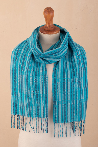 100% baby alpaca scarf, 'Cerulean Stripes' - Handloomed Blue Striped Scarf