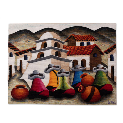 Tapiz de lana, 'Encuentro en los Andes' - Tapiz de lana con escena de pueblo