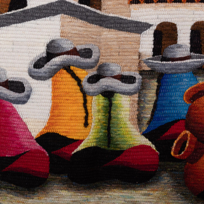 Tapiz de lana, 'Encuentro en los Andes' - Tapiz de lana con escena de pueblo