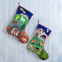 Cotton blend applique wall decor, 'Andean Stockings' - Stocking-Shaped Holiday Wall Accents