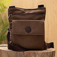 Leather accent canvas shoulder bag, 'Native Earth' - Brown Canvas Shoulder Bag with Leather Trim