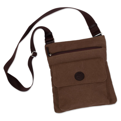Brown Canvas Shoulder Bag with Leather Trim