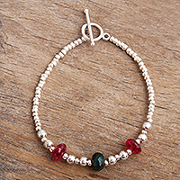 Tourmaline and sterling silver beaded bracelet, 'Red Light, Green Light' - Beaded Silver and Tourmaline Bracelet