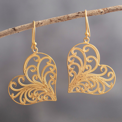 Gold-plated filigree dangle earrings, Flourishing Heart