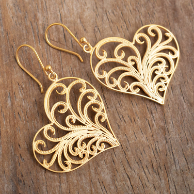 Gold-plated filigree dangle earrings, 'Flourishing Heart' - Heart-Shaped Gold-Plated Earrings