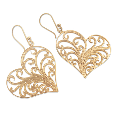 Pendientes colgantes de filigrana chapados en oro - Pendientes chapados en oro en forma de corazón