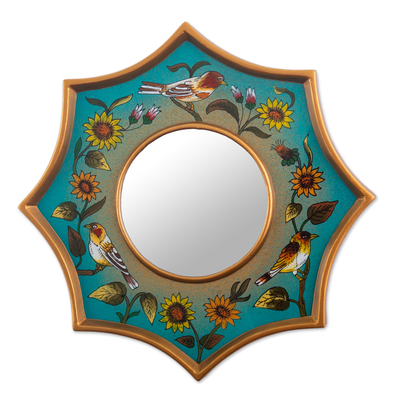 Reverse-painted glass wall accent mirror, 'Birds of Peru in Turquoise' - Turquoise Nature-Themed Accent Mirror