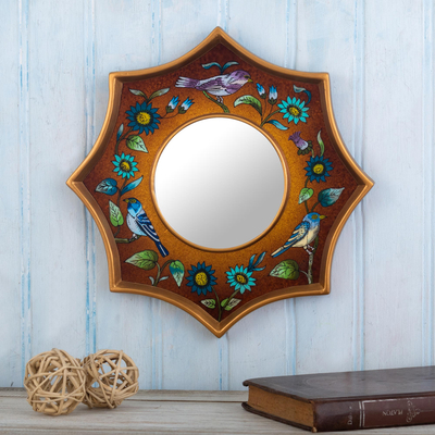 Reverse-painted glass wall accent mirror, Birds of Peru in Nutmeg