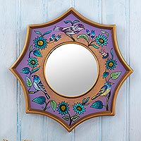 Reverse-painted glass wall accent mirror, Birds of Peru in Purple