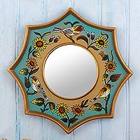 Reverse-painted glass wall accent mirror, 'Birds of Peru in Mint' - Handcrafted Painted Glass Mirror