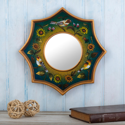 Reverse-painted glass wall accent mirror, Birds of Peru in Teal