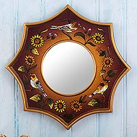 Reverse-painted glass wall accent mirror, 'Birds of Peru in Russet' - Hand-Painted Wall Accent Mirror
