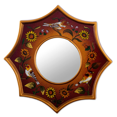 Reverse-painted glass wall accent mirror, 'Birds of Peru in Russet' - Hand-Painted Wall Accent Mirror
