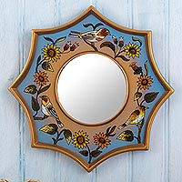 Reverse-painted glass wall accent mirror, 'Birds of Peru in Sky Blue'