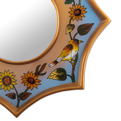 Reverse-painted glass wall accent mirror, 'Birds of Peru in Sky Blue' - Blue and Gold Hand-Painted Accent Mirror