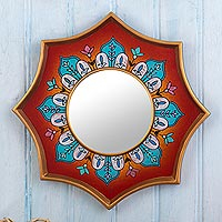 Reverse-painted glass wall accent mirror, 'Colonial Crown in Scarlet'
