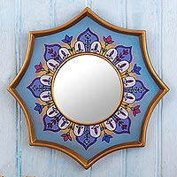 Reverse-painted glass wall accent mirror, 'Colonial Crown in Sky Blue' - Light Blue Accent Mirror from Peru